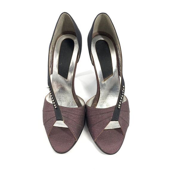 Vintage 1980s Stuart Weitzman High Heels Peep Toe Made in Italy 6.5 Purple Black - Picture 2 of 11